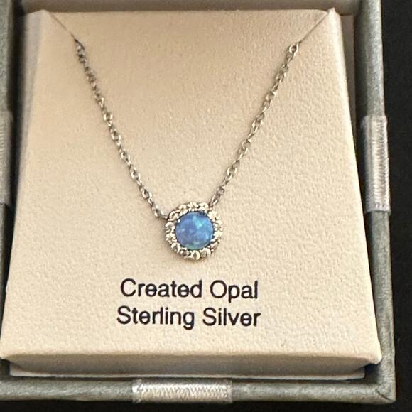 Created Round Opal Necklace with CZ Set In Sterling Silver 18" Chain NIB - Picture 1 of 3
